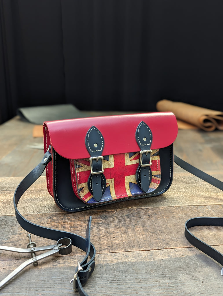 11" Classic Satchel with Hidden Magnetic Fasteners made from Pillarbox Red and Loch Blue Leather with a Vintage Style Union Jack Pocket (MMRP USD$205)