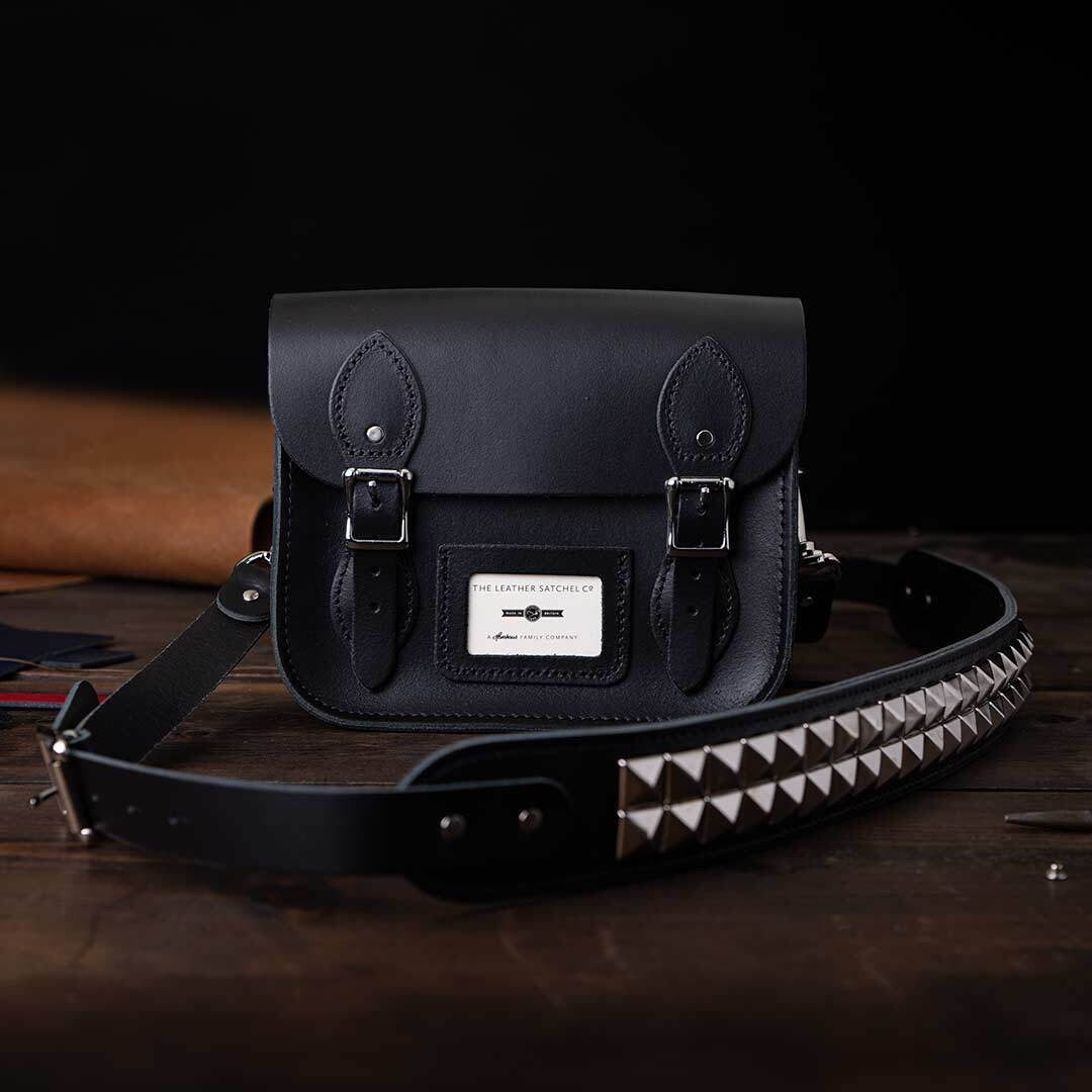 【Anyone more】Cuba Stud Buckle Leather Shoulder Bag Black Leather Bag With Zipper, Studded Leather Bag, Black