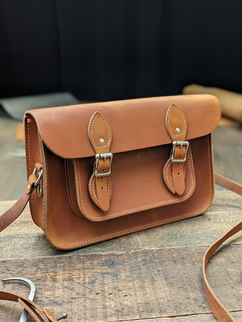 12.5" Classic Satchel with Hidden Magnetic Fasteners and no address card window made from Distressed Bowthorpe Oak Leather (MMRP USD$230)