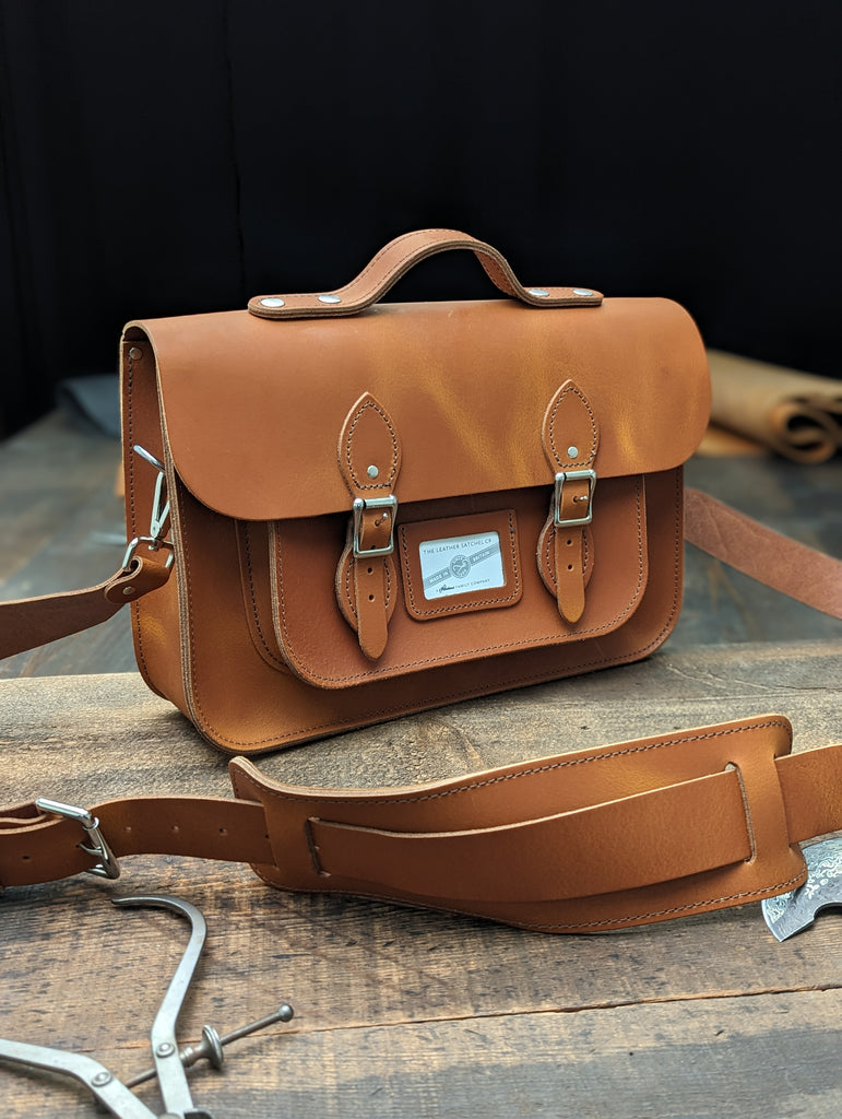 14" Classic Satchel with Hidden magnetic Fasteners, a Bolt-On Handle, Full Inner Slip Pocket, Outer Slip Pocket, upgraded 38mm Shoulder Strap and Shoulder Pad made from Distressed Bowthorpe Oak Leather (MMRP USD$395)