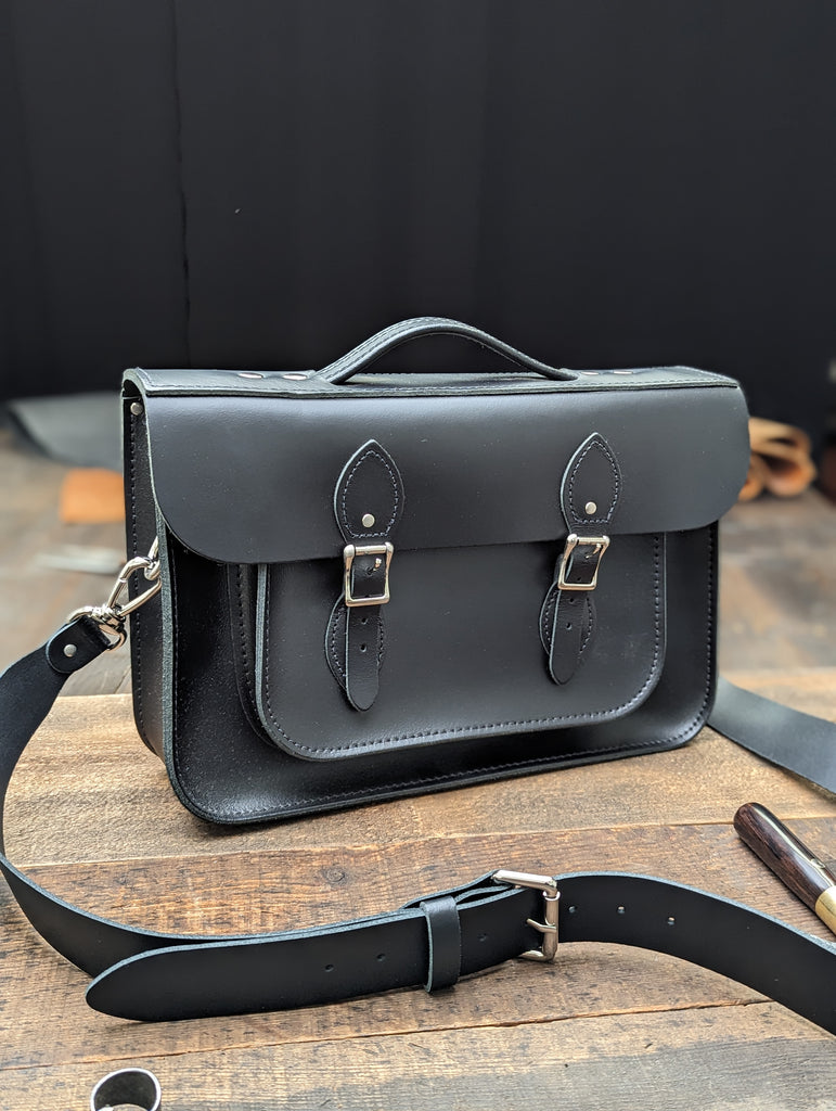 14" Briefcase Satchel with 38mm Shoulder Strap made from Charcoal Black Leather (MMRP USD$270)