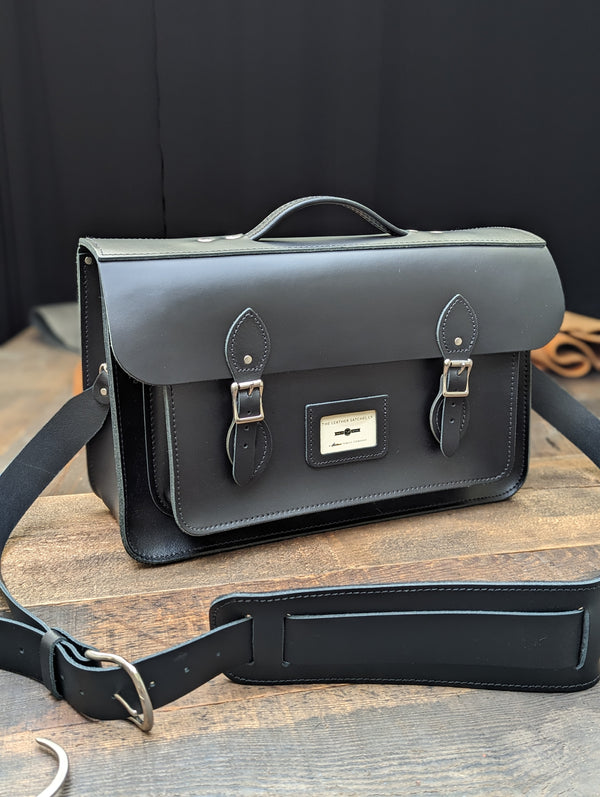 16.5" Briefcase Satchel with Hidden Magnetic Fasteners, a 38mm Shoulder Strap and Shoulder Pad made from Charcoal Black Leather (MMRP USD$380)
