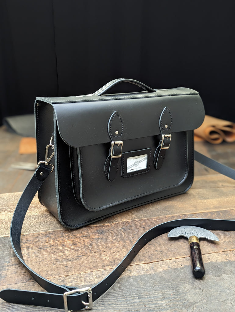15" Briefcase Satchel with Outer Slip made from Charcoal Black Leather (MMRP USD$325)