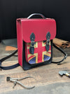 Medium Portrait Backpack with Hidden Magnetic Fasteners made from Pillarbox Red and Loch Blue Leather with a Vintage Style Union Jack Pocket (MMRP USD$360)