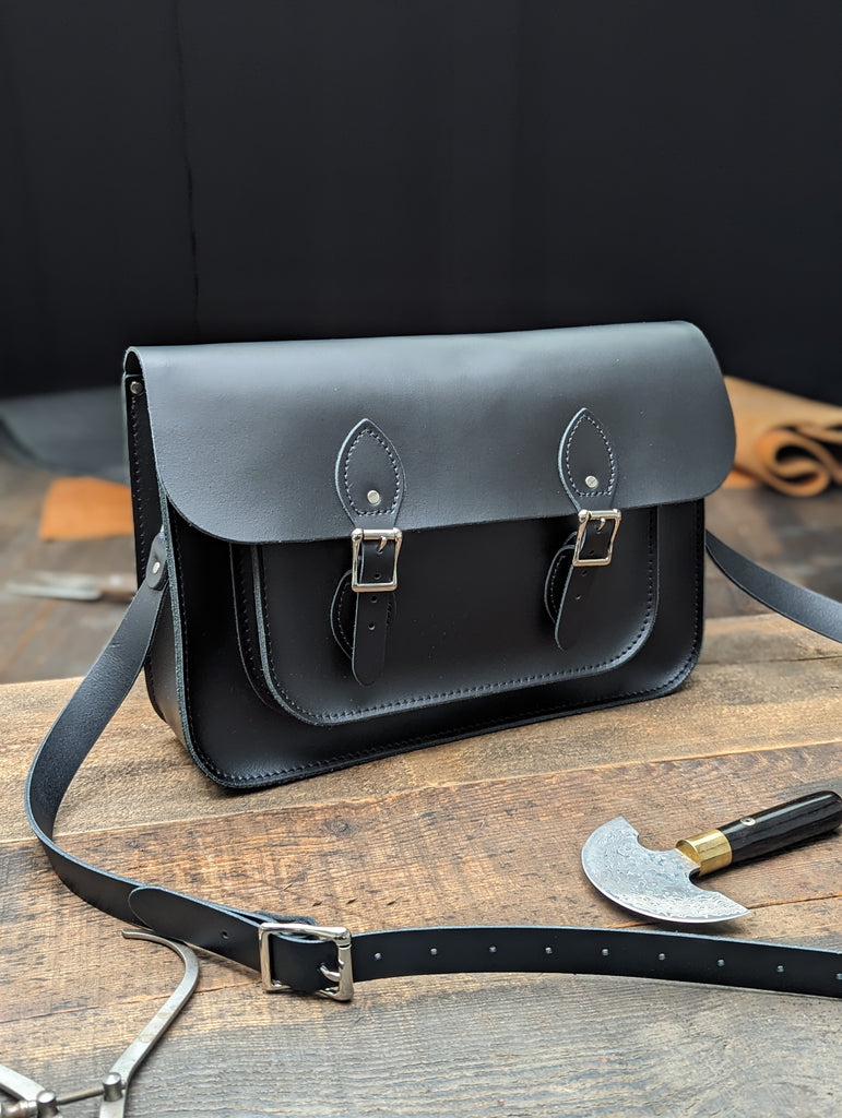 14" Classic Satchel with Outer Slip Pocket made from Charcoal Black Leather (MMRP USD$275)