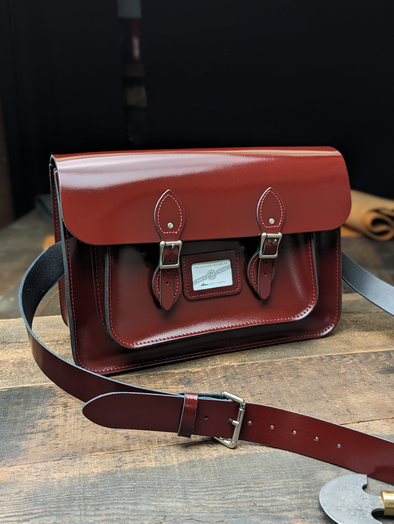 15" Classic Satchel with Hidden Magnetic Fasteners made from Patent Oxblood Leather (MMRP USD$265)