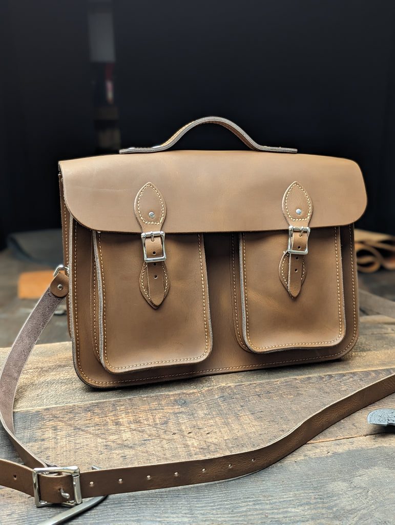 15" Classic Satchel with a Bolt-on Handle, Twin Front Pockets and Interchangeable Backpack Straps made from Distressed Bowthorpe Oak Leather (MMRP USD$430)