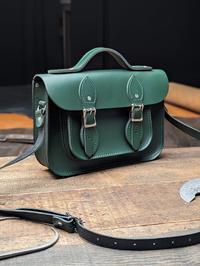 11" Classic Satchel with a Bolt-on Handle and Magnetic Fasteners in Racing Green (USDMMRP $225)