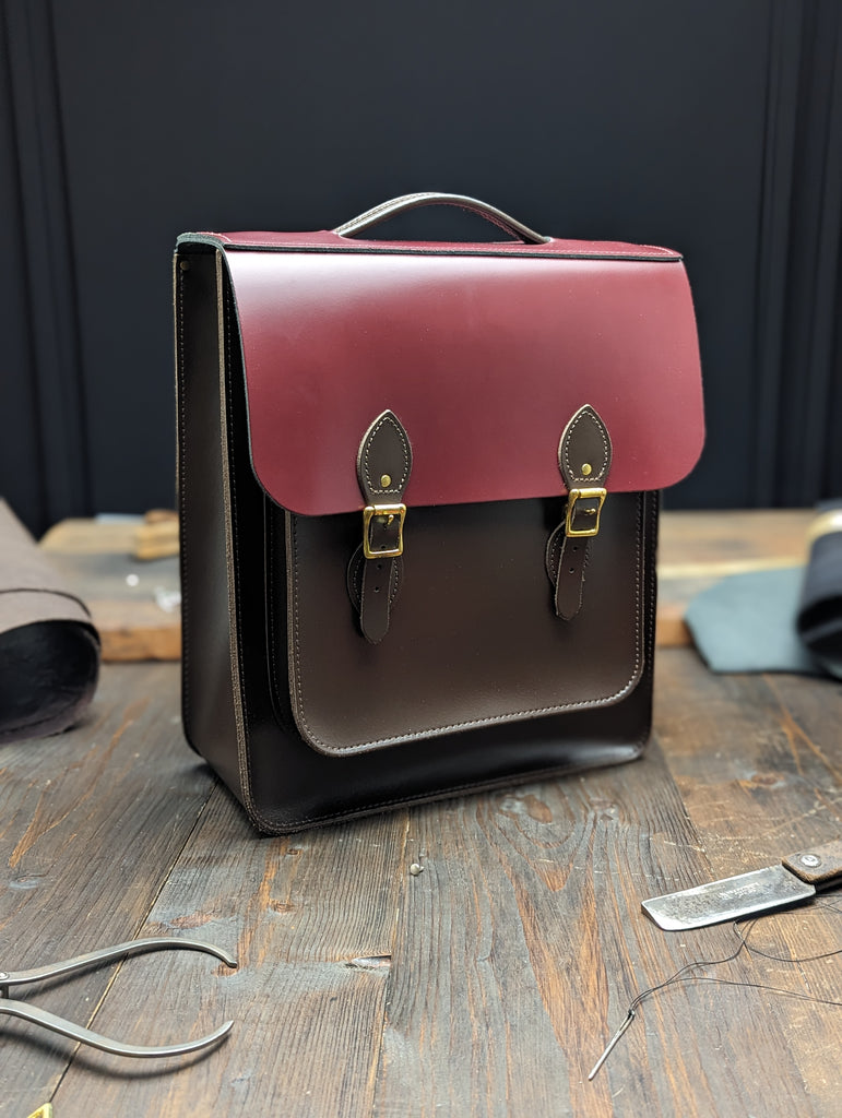 Large Portrait Backpack with Gold Hardware, a Full Inner Slip Pocket, Backpack Shoulder Pads and a Keyloop made from HP and Mulberry Bush Leathers (MMRP USD$470)