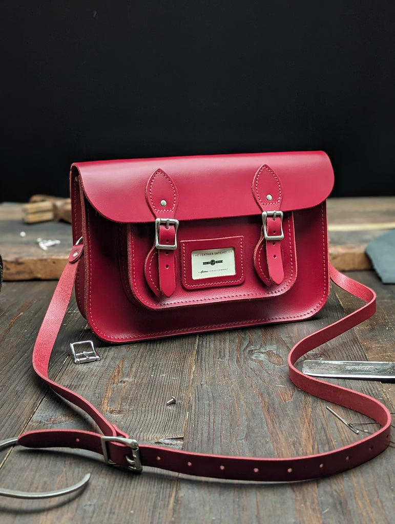 12.5" Classic Satchel with Hidden Magnetic Fasteners made from Pillarbox Red Leather (MMRP USD$225)