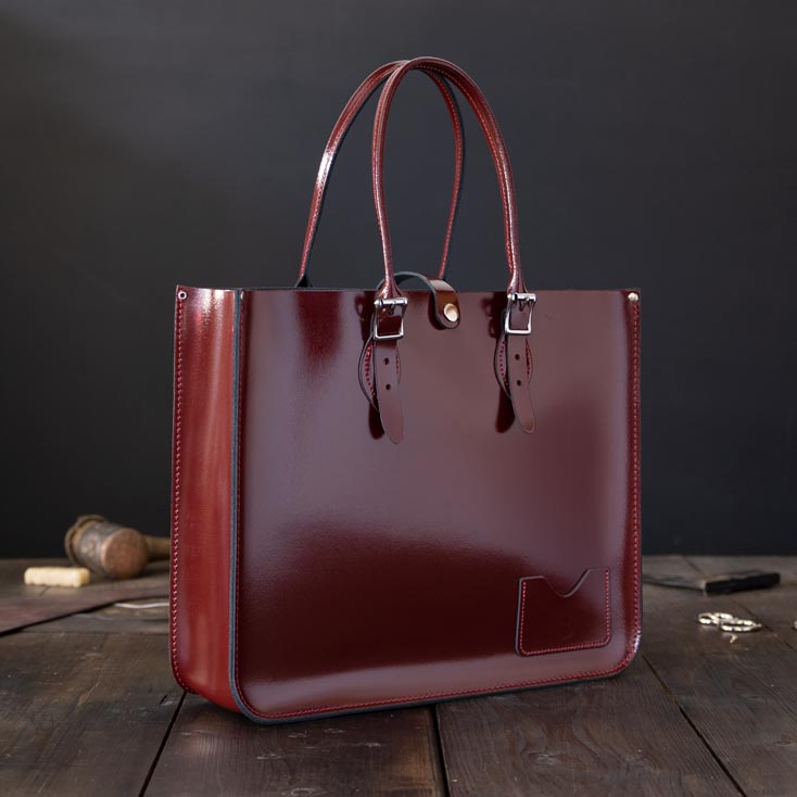 Landscape Leather Tote Bag | The Leather Satchel Co. Patent Oxblood Red