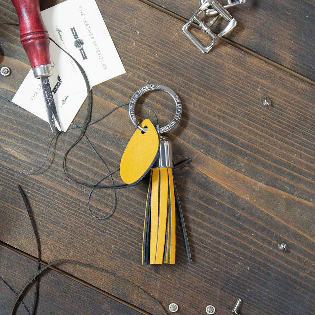 Personalised Leather Tassel Keyring | The Leather Satchel Co. English Mustard